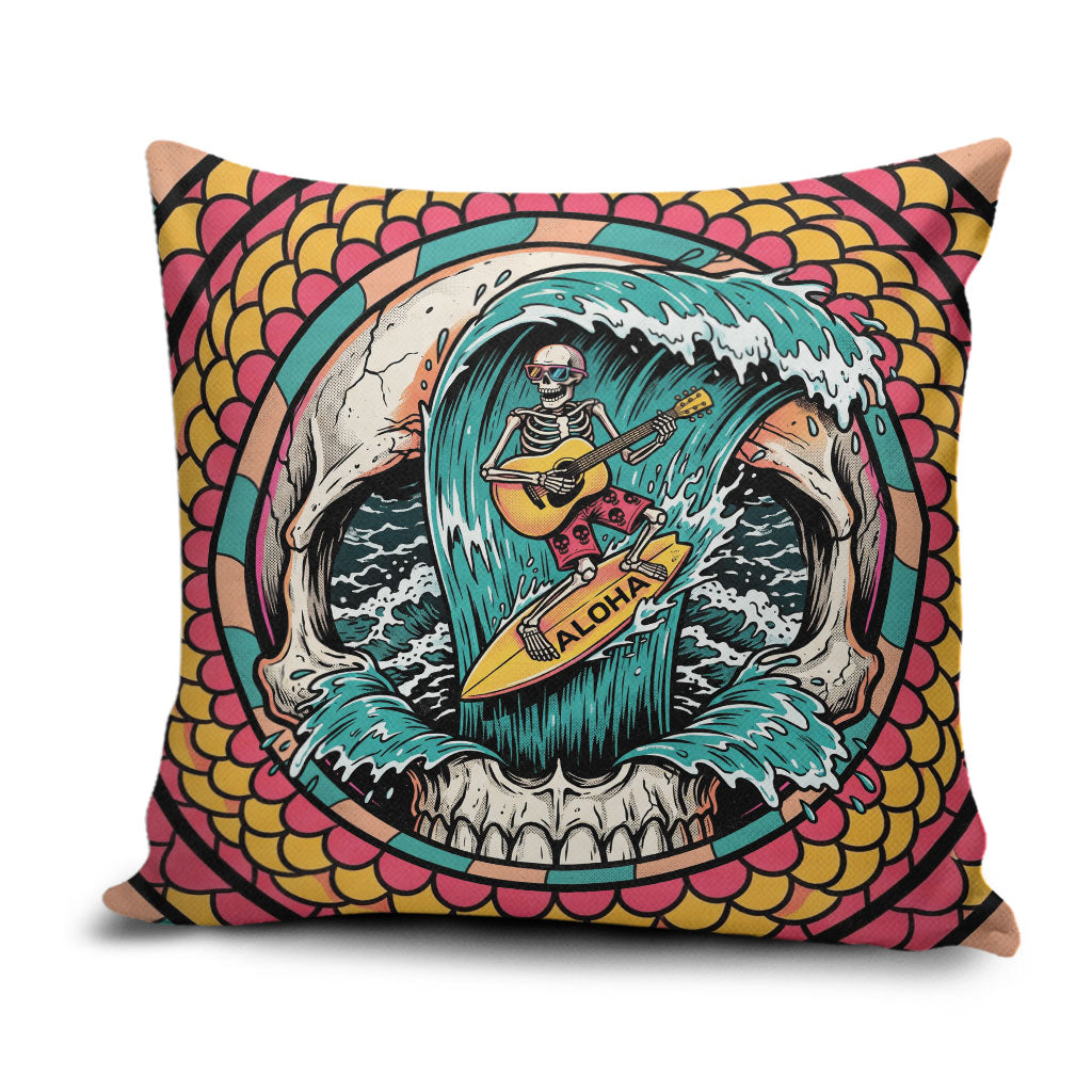 3D Illusion Surfing Skull Aloha Halloween Pillow Cover Tropical Guitarist Bones Wave DT05 Blue - Polynesian Pride