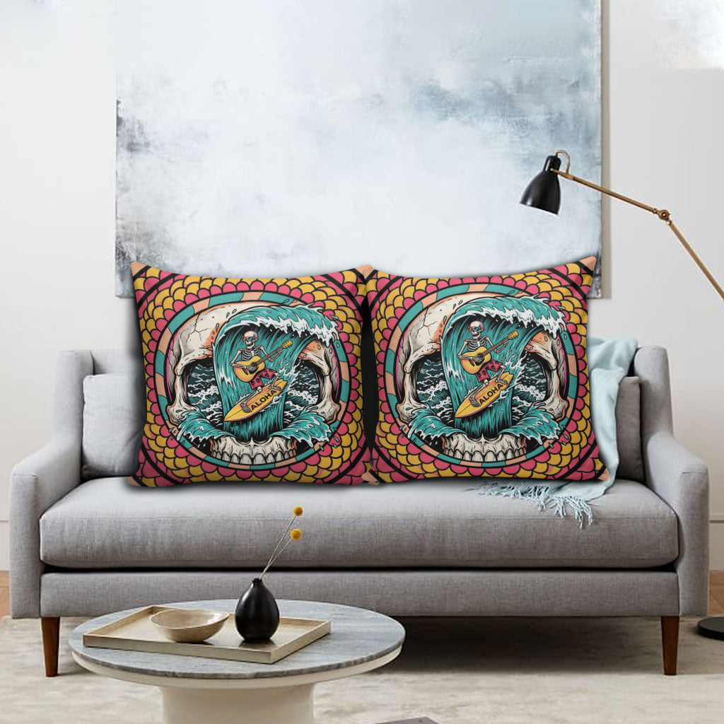 3D Illusion Surfing Skull Aloha Halloween Pillow Cover Tropical Guitarist Bones Wave DT05 - Polynesian Pride