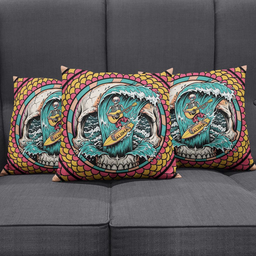 3D Illusion Surfing Skull Aloha Halloween Pillow Cover Tropical Guitarist Bones Wave DT05 - Polynesian Pride