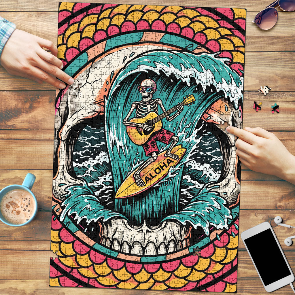 3D Illusion Surfing Skull Aloha Halloween Puzzle Tropical Guitarist Bones Wave DT05 Blue - Polynesian Pride