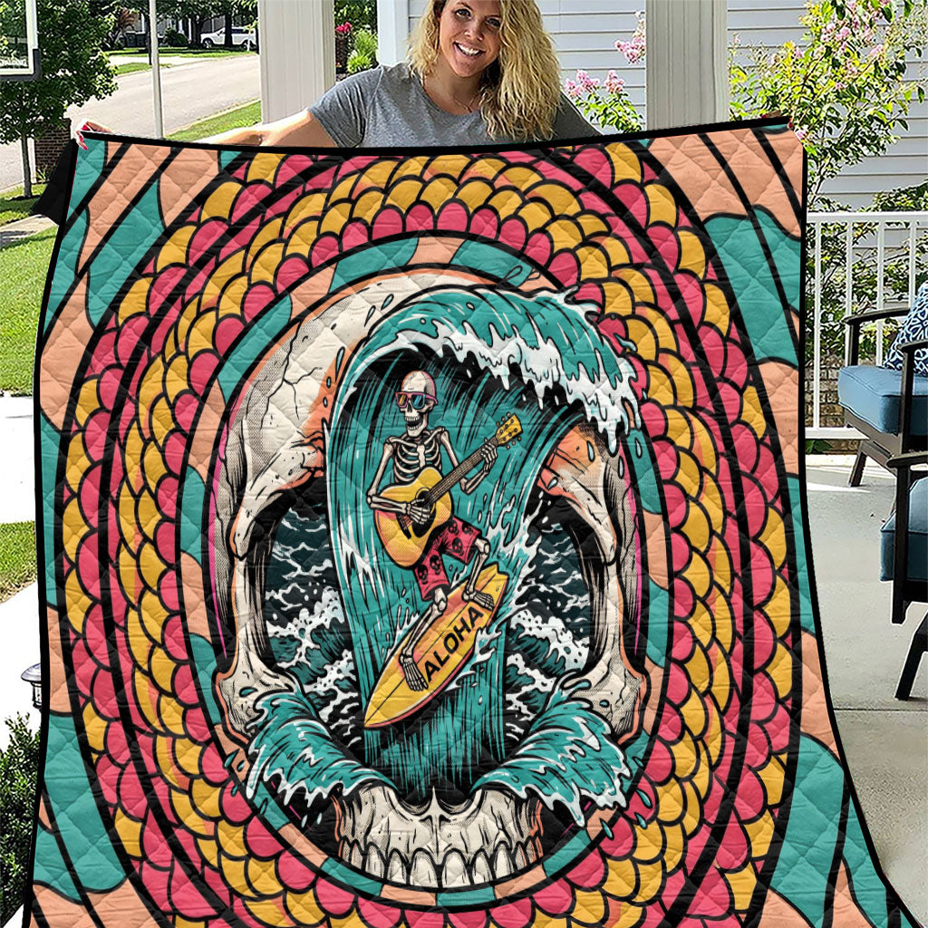 3D Illusion Surfing Skull Aloha Halloween Quilt Tropical Guitarist Bones Wave DT05 Blue - Polynesian Pride