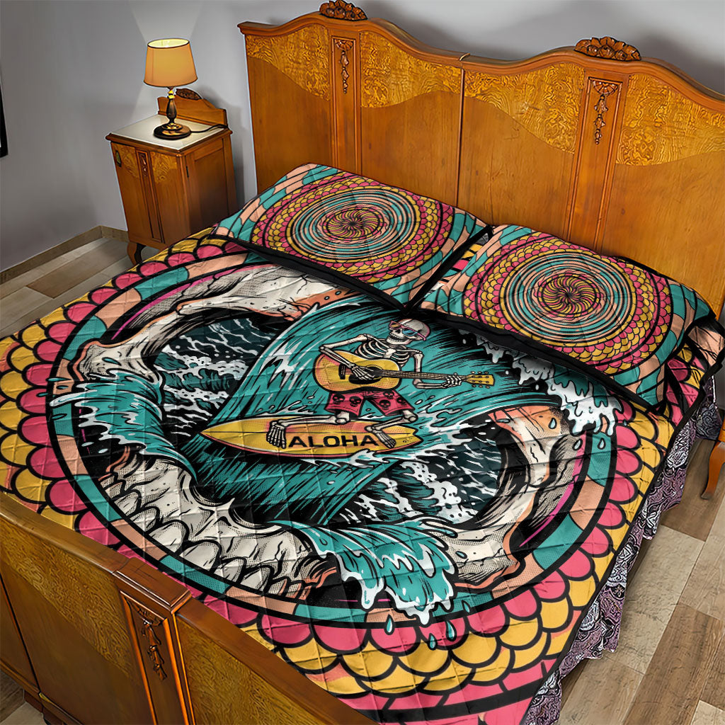 3D Illusion Surfing Skull Aloha Halloween Quilt Bed Set Tropical Guitarist Bones Wave DT05 - Polynesian Pride