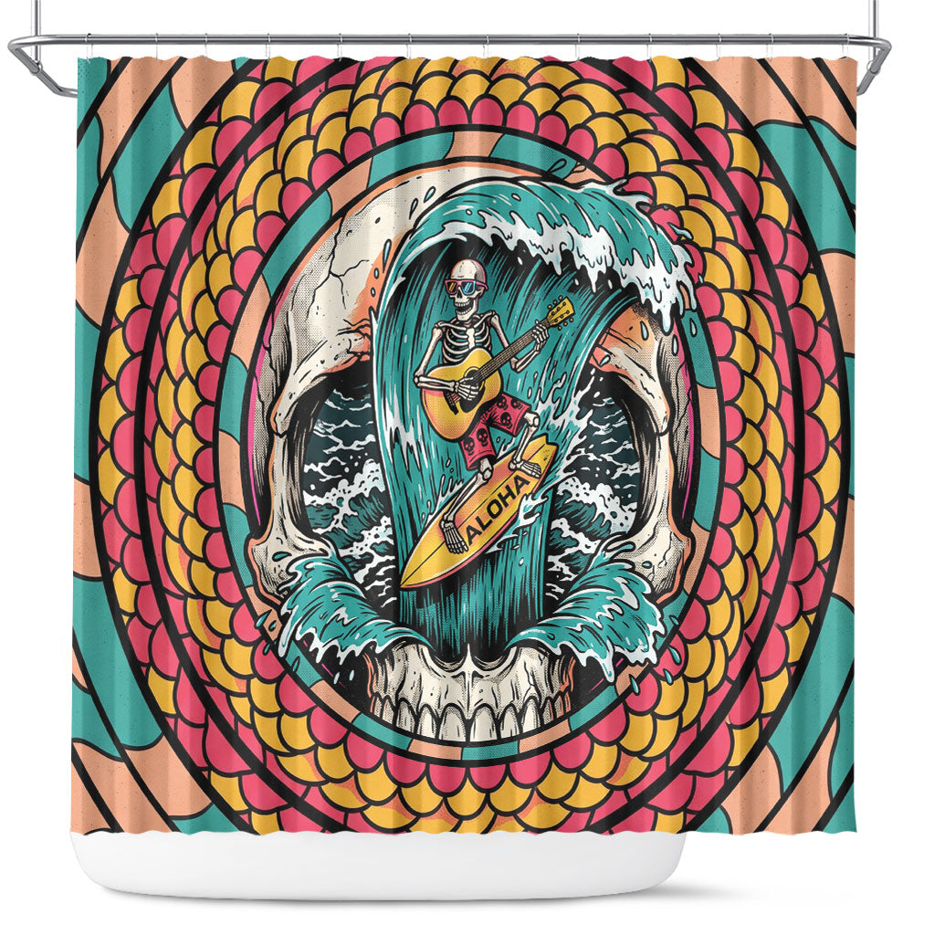 3D Illusion Surfing Skull Aloha Halloween Shower Curtain Tropical Guitarist Bones Wave DT05 Blue - Polynesian Pride