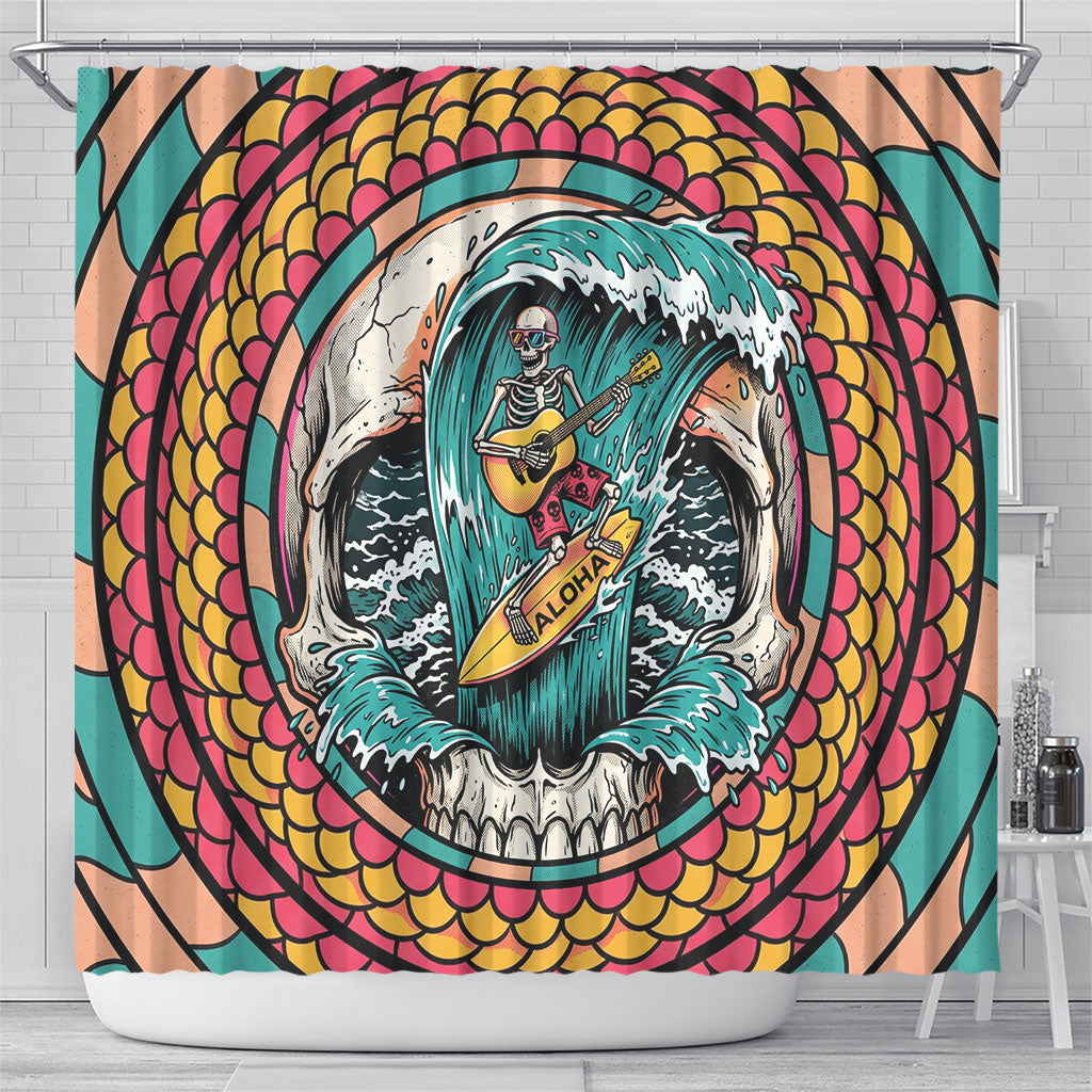 3D Illusion Surfing Skull Aloha Halloween Shower Curtain Tropical Guitarist Bones Wave DT05 - Polynesian Pride