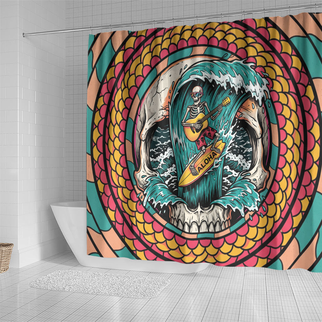 3D Illusion Surfing Skull Aloha Halloween Shower Curtain Tropical Guitarist Bones Wave DT05 - Polynesian Pride