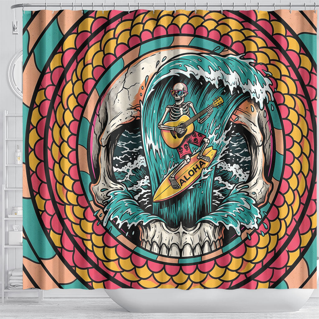 3D Illusion Surfing Skull Aloha Halloween Shower Curtain Tropical Guitarist Bones Wave DT05 - Polynesian Pride