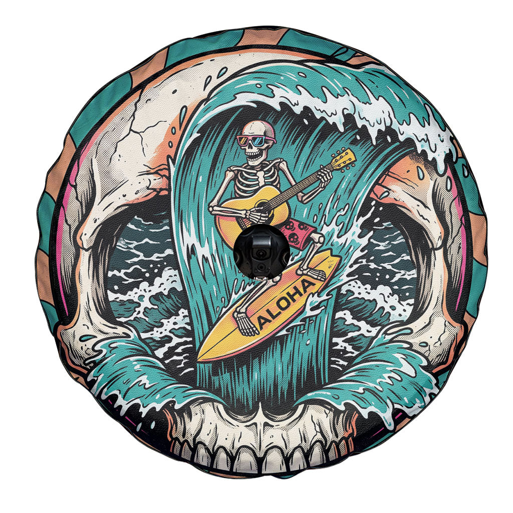3D Illusion Surfing Skull Aloha Halloween Spare Tire Cover Tropical Guitarist Bones Wave DT05 - Polynesian Pride