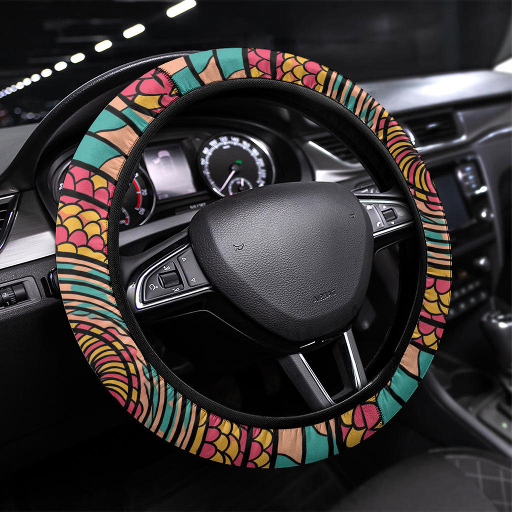 3D Illusion Surfing Skull Aloha Halloween Steering Wheel Cover Tropical Guitarist Bones Wave DT05 Universal Fit Blue - Polynesian Pride