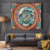 3D Illusion Surfing Skull Aloha Halloween Tapestry Tropical Guitarist Bones Wave DT05 Blue - Polynesian Pride