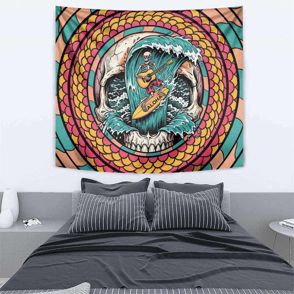 3D Illusion Surfing Skull Aloha Halloween Tapestry Tropical Guitarist Bones Wave DT05 - Polynesian Pride