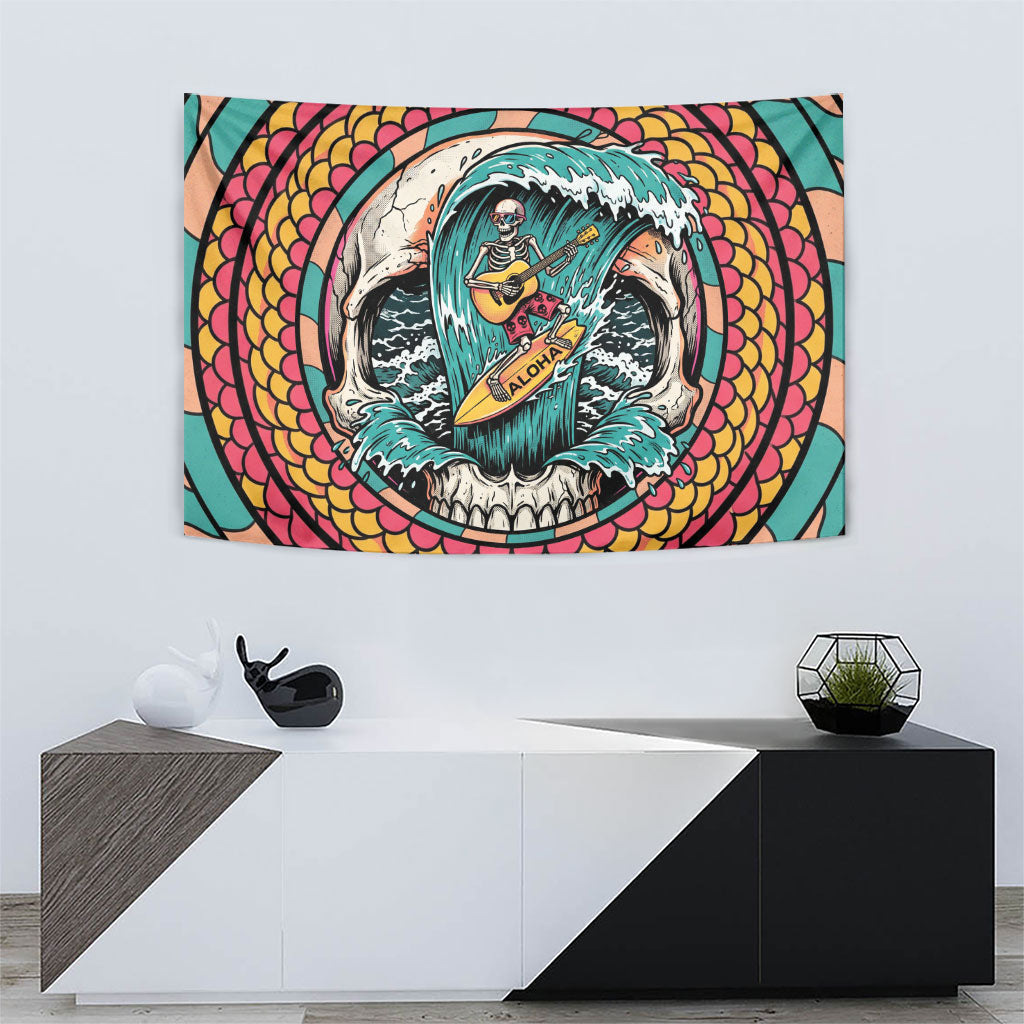 3D Illusion Surfing Skull Aloha Halloween Tapestry Tropical Guitarist Bones Wave DT05 - Polynesian Pride