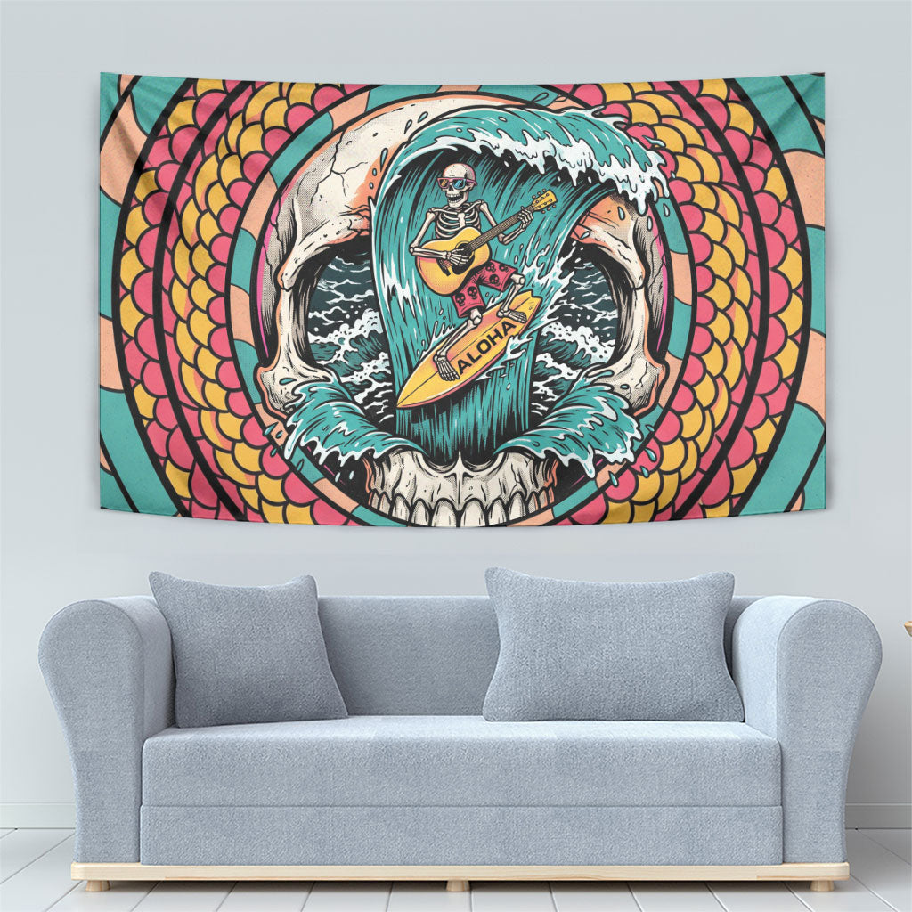 3D Illusion Surfing Skull Aloha Halloween Tapestry Tropical Guitarist Bones Wave DT05 - Polynesian Pride