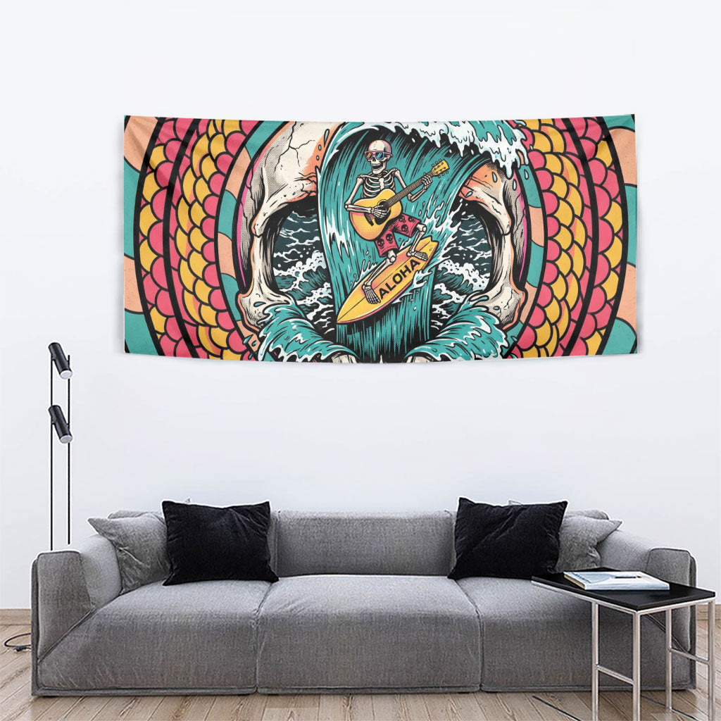 3D Illusion Surfing Skull Aloha Halloween Tapestry Tropical Guitarist Bones Wave DT05 - Polynesian Pride