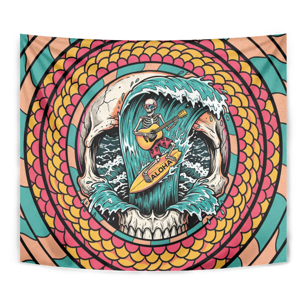 3D Illusion Surfing Skull Aloha Halloween Tapestry Tropical Guitarist Bones Wave DT05 - Polynesian Pride