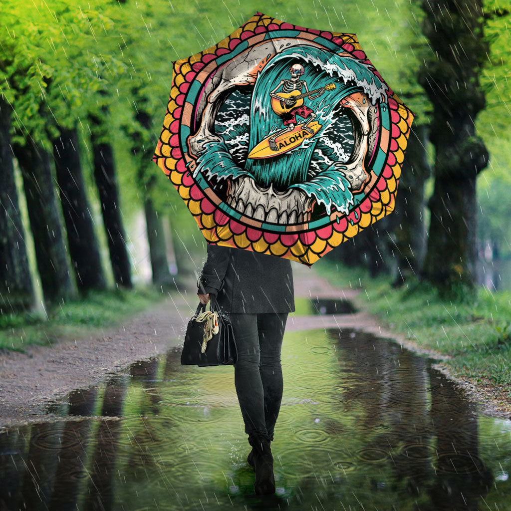 3D Illusion Surfing Skull Aloha Halloween Umbrella Tropical Guitarist Bones Wave DT05 - Polynesian Pride