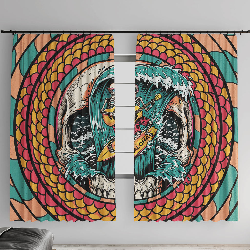 3D Illusion Surfing Skull Aloha Halloween Window Curtain Tropical Guitarist Bones Wave