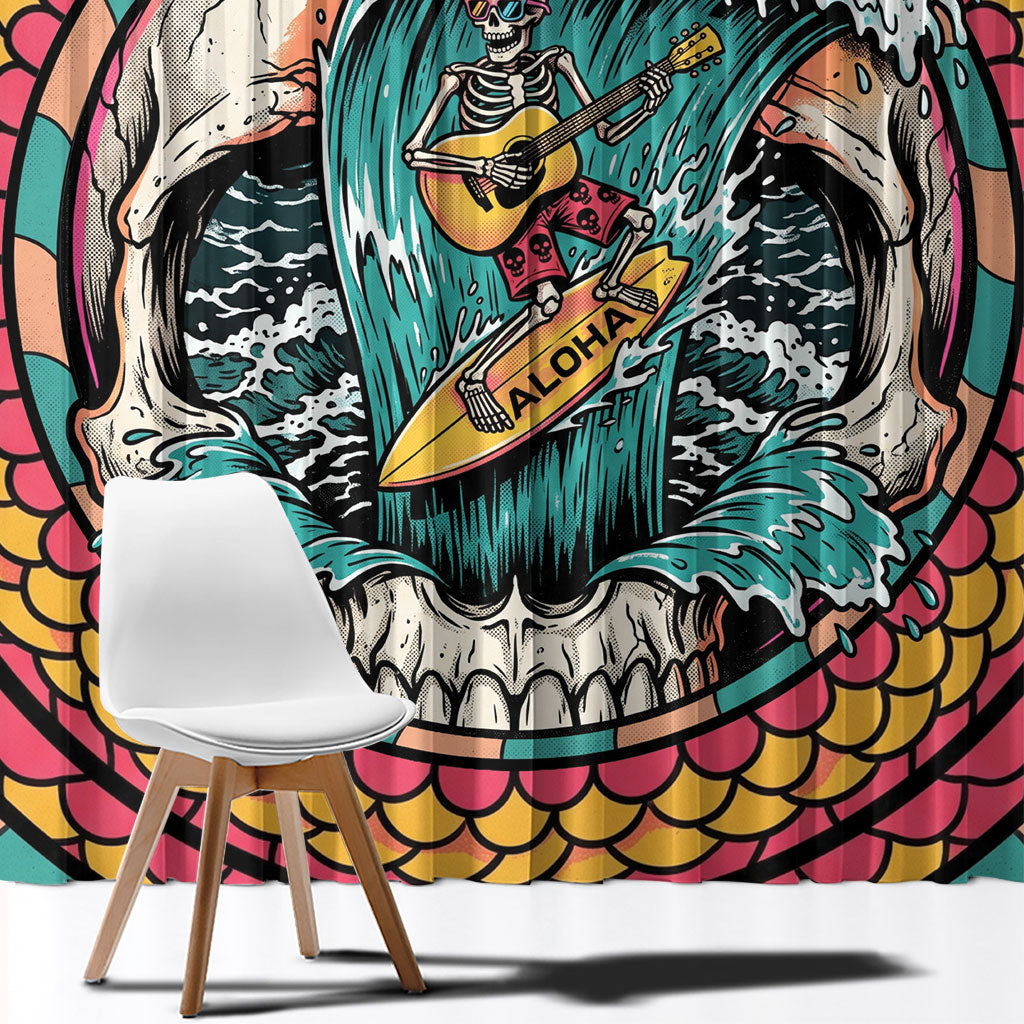 3D Illusion Surfing Skull Aloha Halloween Window Curtain Tropical Guitarist Bones Wave