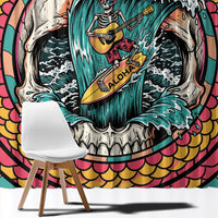 3D Illusion Surfing Skull Aloha Halloween Window Curtain Tropical Guitarist Bones Wave