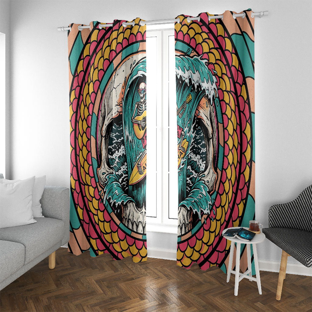3D Illusion Surfing Skull Aloha Halloween Window Curtain Tropical Guitarist Bones Wave