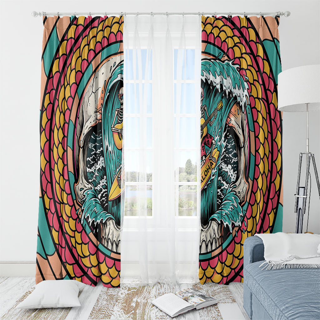 3D Illusion Surfing Skull Aloha Halloween Window Curtain Tropical Guitarist Bones Wave