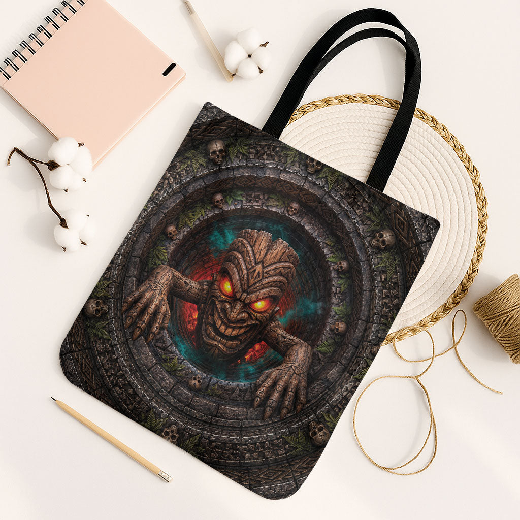 3D Illusion Haunted Tiki Totem Halloween Tote Bag Polynesian Wood Spirit Fiery DT05 Black Strap One Size Brown - Polynesian Pride