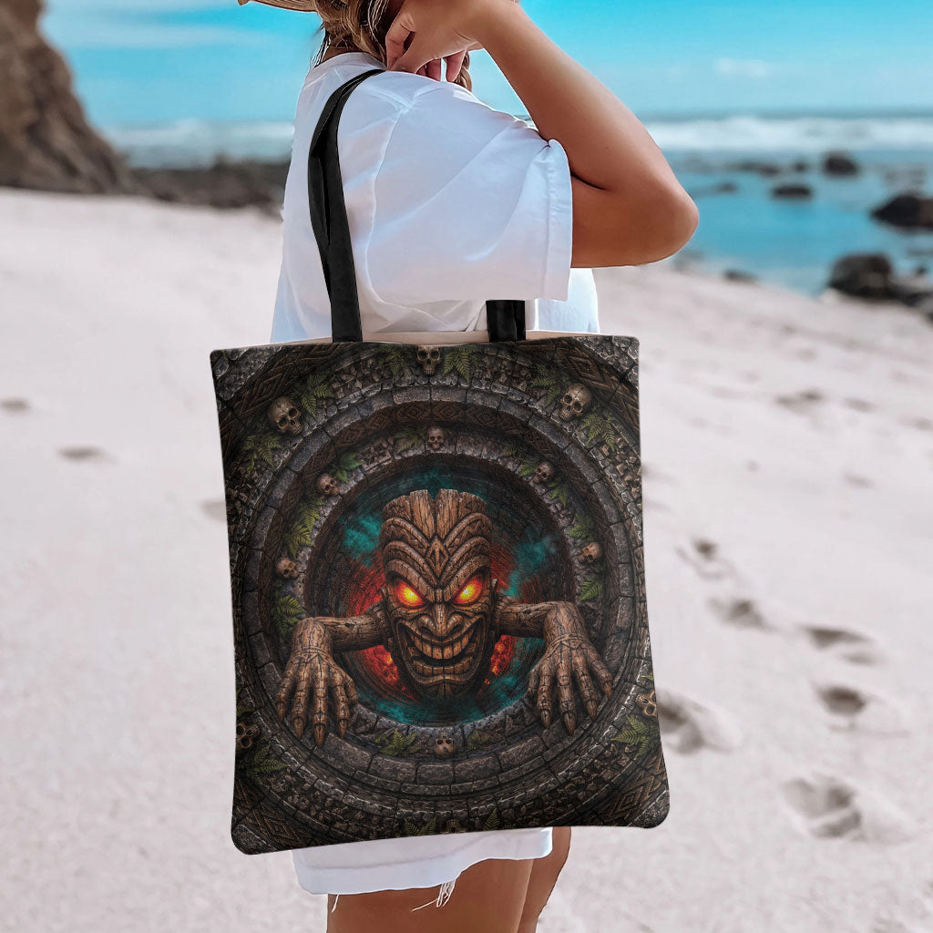 3D Illusion Haunted Tiki Totem Halloween Tote Bag Polynesian Wood Spirit Fiery DT05 - Polynesian Pride