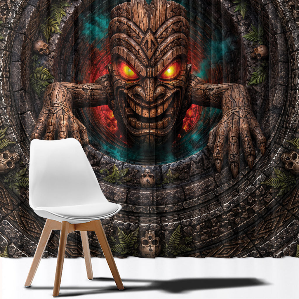 3D Illusion Haunted Tiki Totem Halloween Window Curtain Polynesian Wood Spirit Fiery