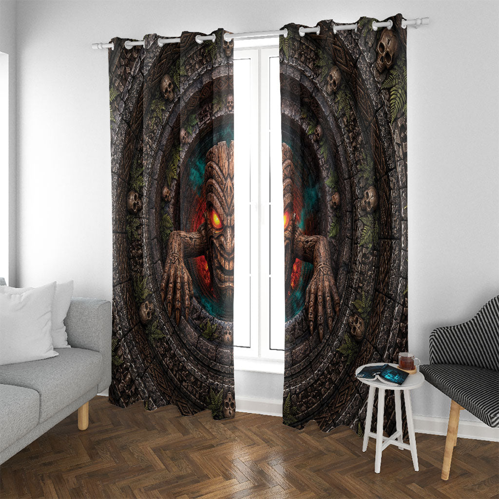 3D Illusion Haunted Tiki Totem Halloween Window Curtain Polynesian Wood Spirit Fiery