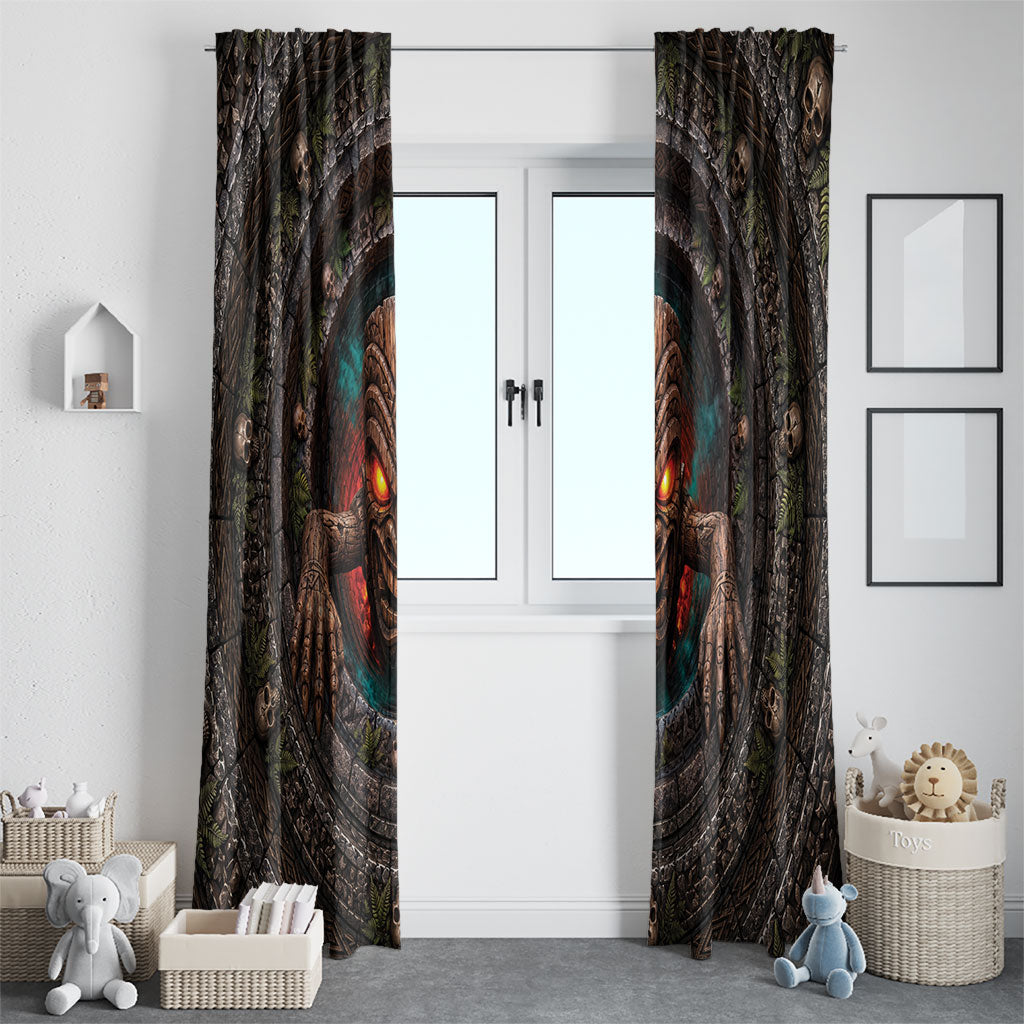 3D Illusion Haunted Tiki Totem Halloween Window Curtain Polynesian Wood Spirit Fiery