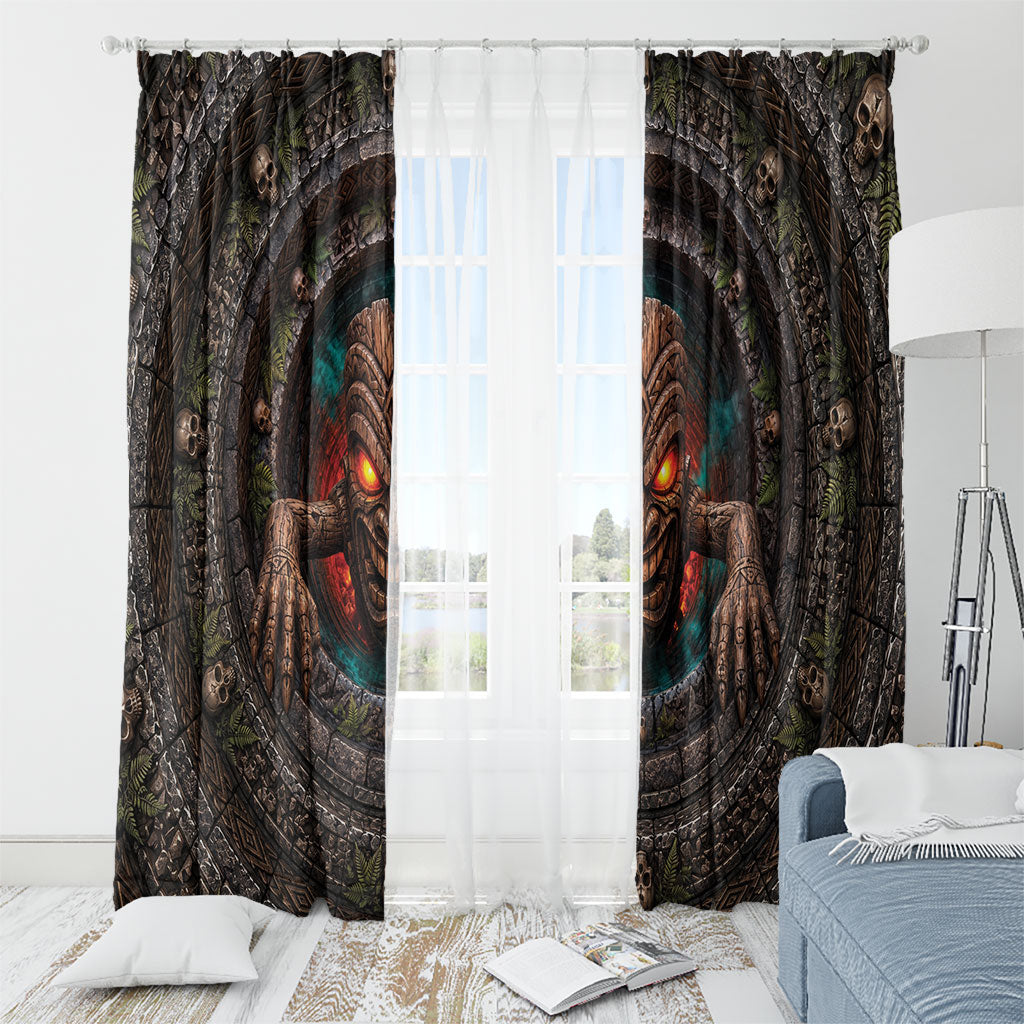3D Illusion Haunted Tiki Totem Halloween Window Curtain Polynesian Wood Spirit Fiery
