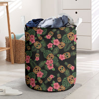 Tropical Calavera Hawaiian Laundry Basket Sugar Skull Pineapple Hibiscus Floral DT05 Black - Polynesian Pride