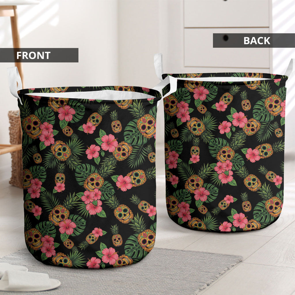 Tropical Calavera Hawaiian Laundry Basket Sugar Skull Pineapple Hibiscus Floral DT05 - Polynesian Pride