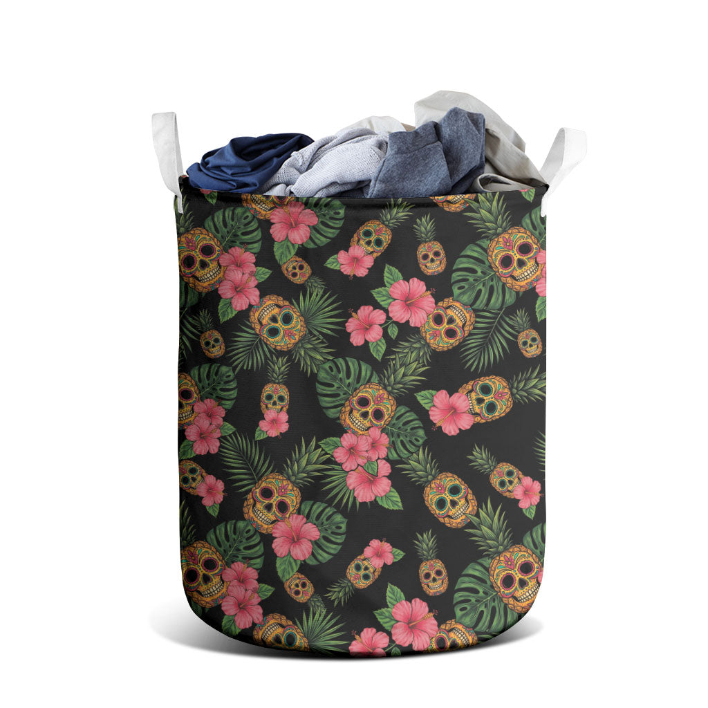 Tropical Calavera Hawaiian Laundry Basket Sugar Skull Pineapple Hibiscus Floral DT05 - Polynesian Pride