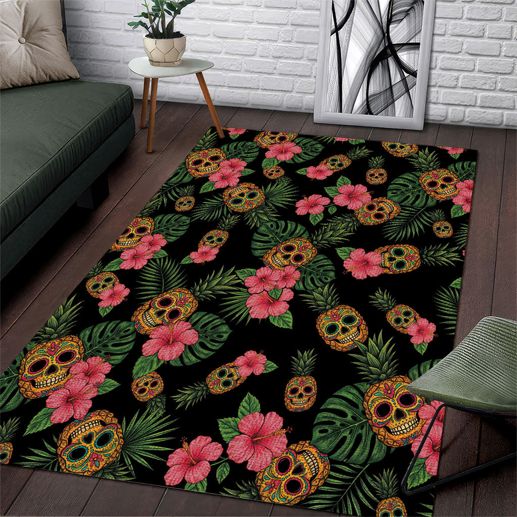 Tropical Calavera Hawaiian Area Rug Sugar Skull Pineapple Hibiscus Floral DT05 Black - Polynesian Pride