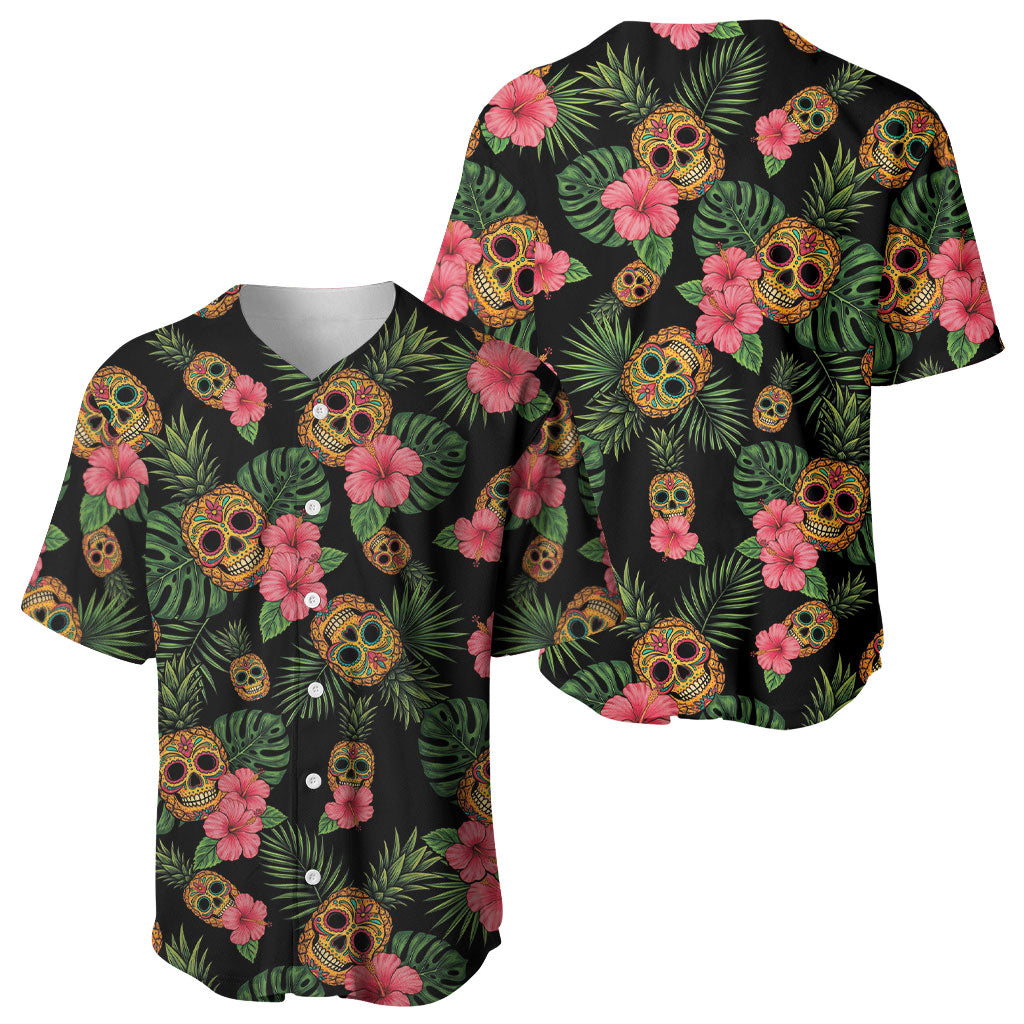 Tropical Calavera Hawaiian Baseball Jersey Sugar Skull Pineapple Hibiscus Floral DT05 - Polynesian Pride