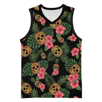 Tropical Calavera Hawaiian Basketball Jersey Sugar Skull Pineapple Hibiscus Floral DT05 Unisex Black - Polynesian Pride