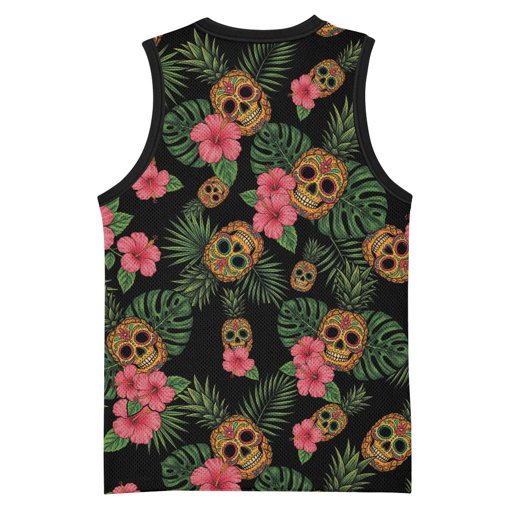 Tropical Calavera Hawaiian Basketball Jersey Sugar Skull Pineapple Hibiscus Floral DT05 - Polynesian Pride