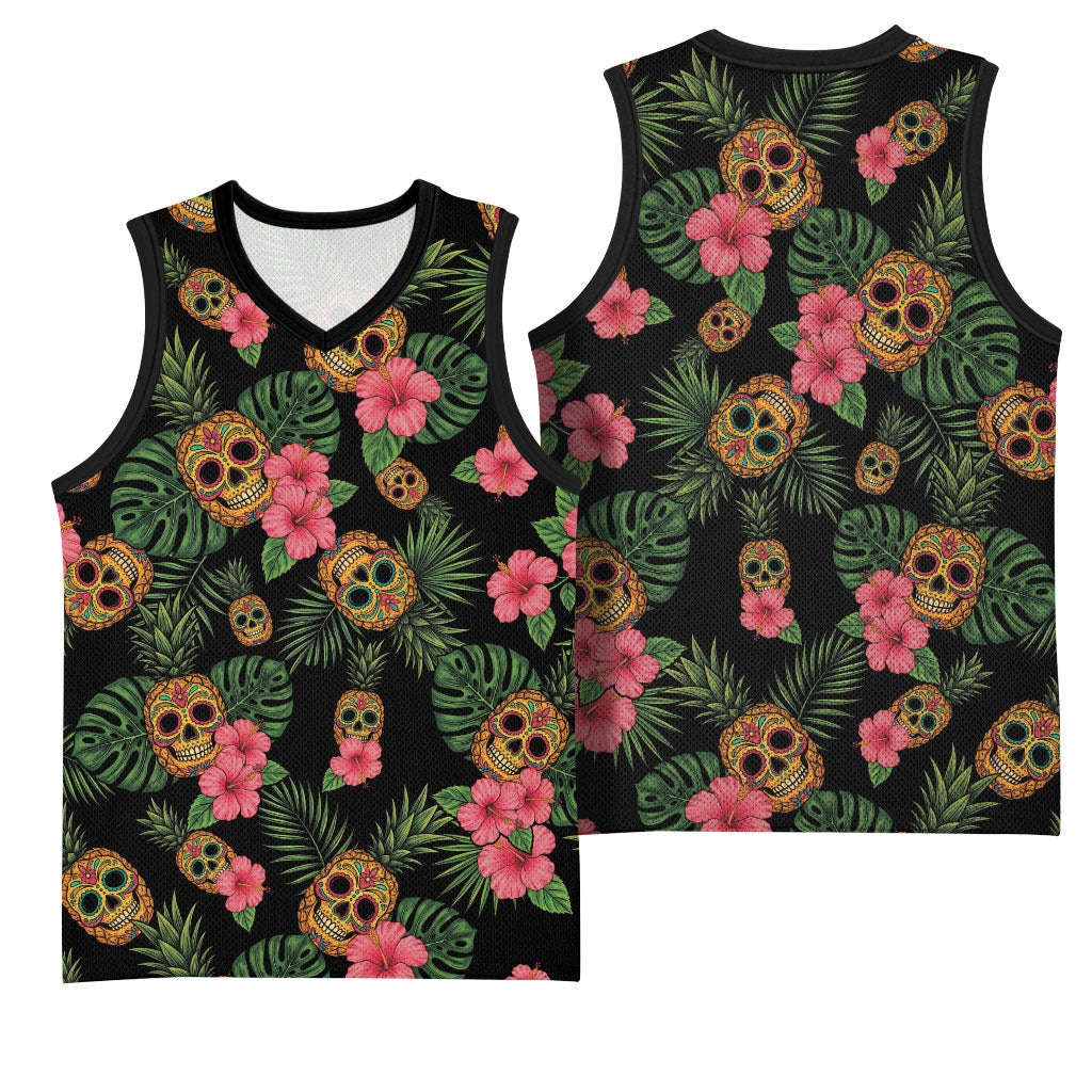Tropical Calavera Hawaiian Basketball Jersey Sugar Skull Pineapple Hibiscus Floral DT05 - Polynesian Pride