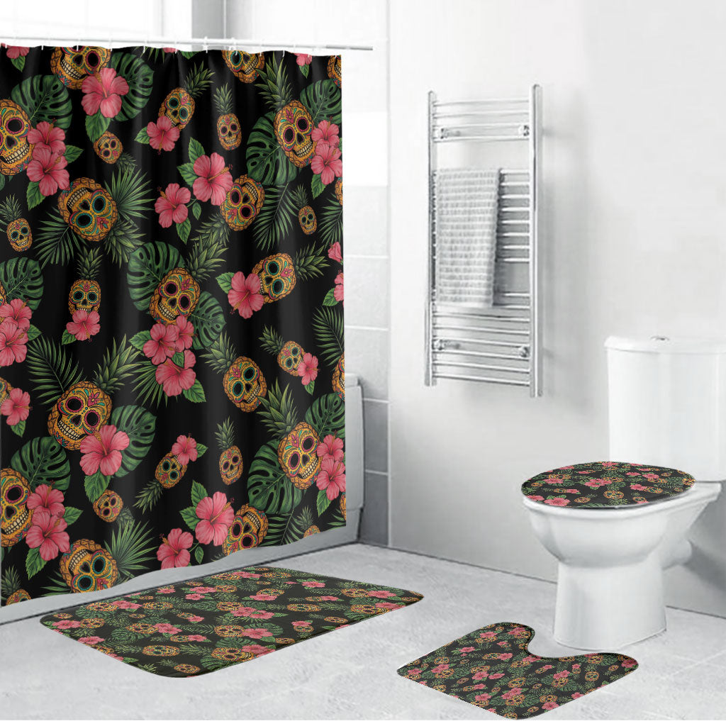 Tropical Calavera Hawaiian Bathroom Set Sugar Skull Pineapple Hibiscus Floral DT05 Bathroom Set (4 pcs) Black - Polynesian Pride
