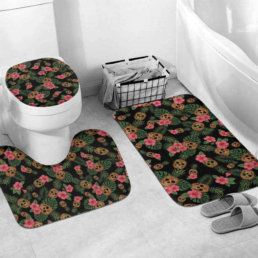 Tropical Calavera Hawaiian Bathroom Set Sugar Skull Pineapple Hibiscus Floral DT05 Mat Set Only (3 pcs) One Size Black - Polynesian Pride