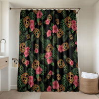 Tropical Calavera Hawaiian Bathroom Set Sugar Skull Pineapple Hibiscus Floral DT05 Shower Curtain Only Black - Polynesian Pride