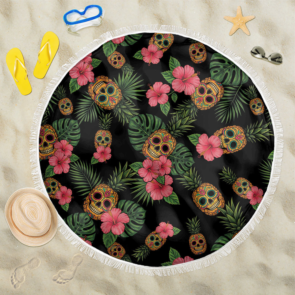 Tropical Calavera Hawaiian Beach Blanket Sugar Skull Pineapple Hibiscus Floral DT05 One Size 150cm Black - Polynesian Pride