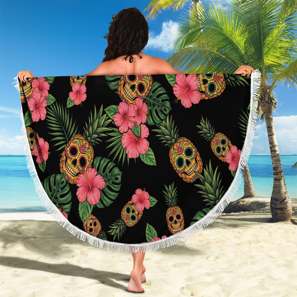 Tropical Calavera Hawaiian Beach Blanket Sugar Skull Pineapple Hibiscus Floral DT05 - Polynesian Pride