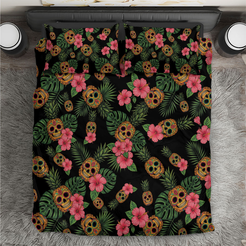 Tropical Calavera Hawaiian Bedding Set Sugar Skull Pineapple Hibiscus Floral DT05 Black - Polynesian Pride
