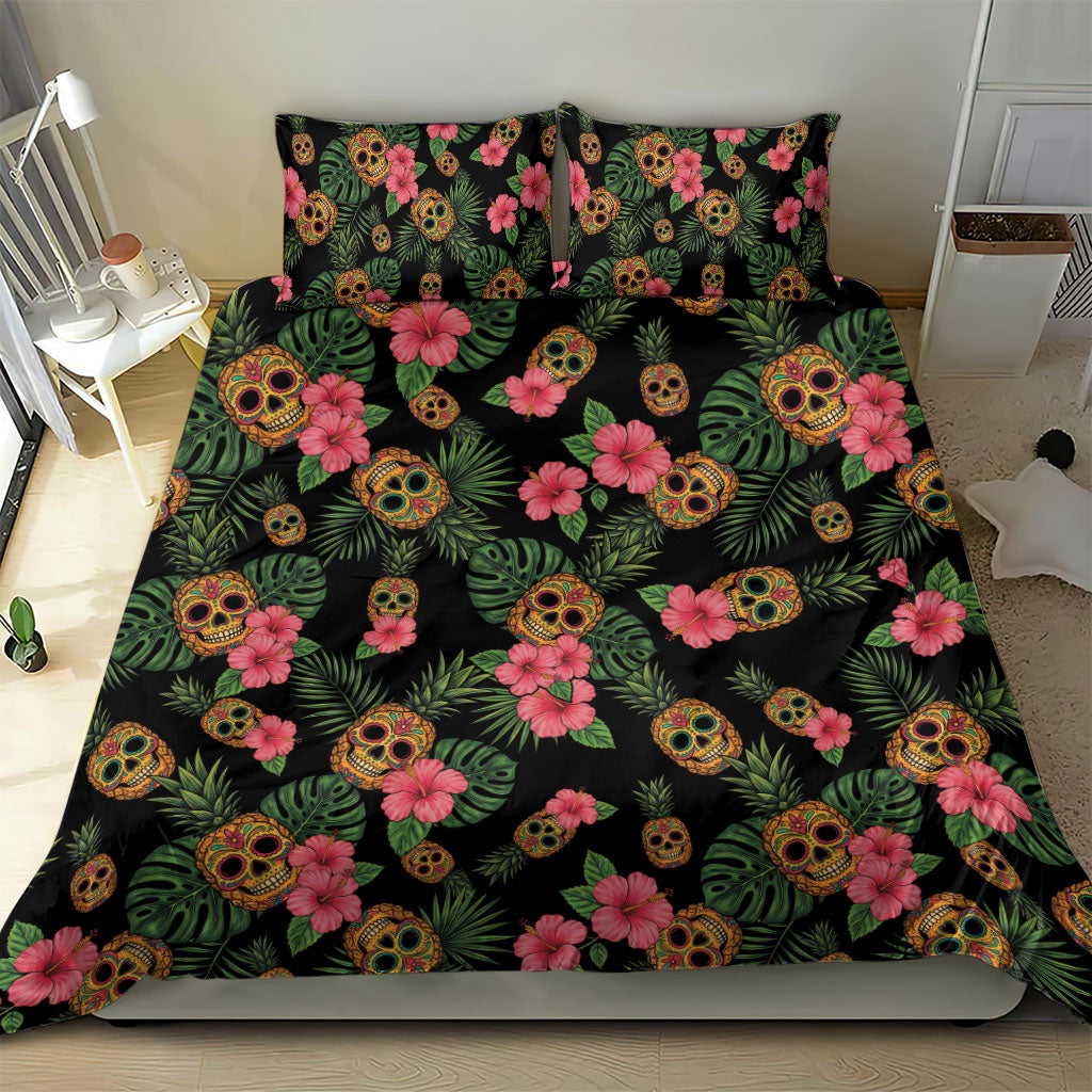 Tropical Calavera Hawaiian Bedding Set Sugar Skull Pineapple Hibiscus Floral DT05 - Polynesian Pride