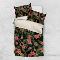 Tropical Calavera Hawaiian Bedding Set Sugar Skull Pineapple Hibiscus Floral DT05 US Twin 172cm x 218cm Black - Polynesian Pride