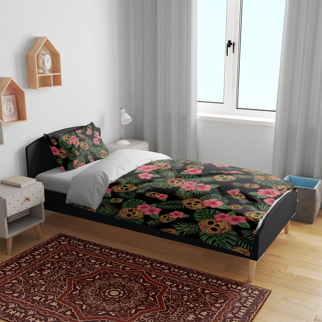 Tropical Calavera Hawaiian Bedding Set Sugar Skull Pineapple Hibiscus Floral DT05 - Polynesian Pride