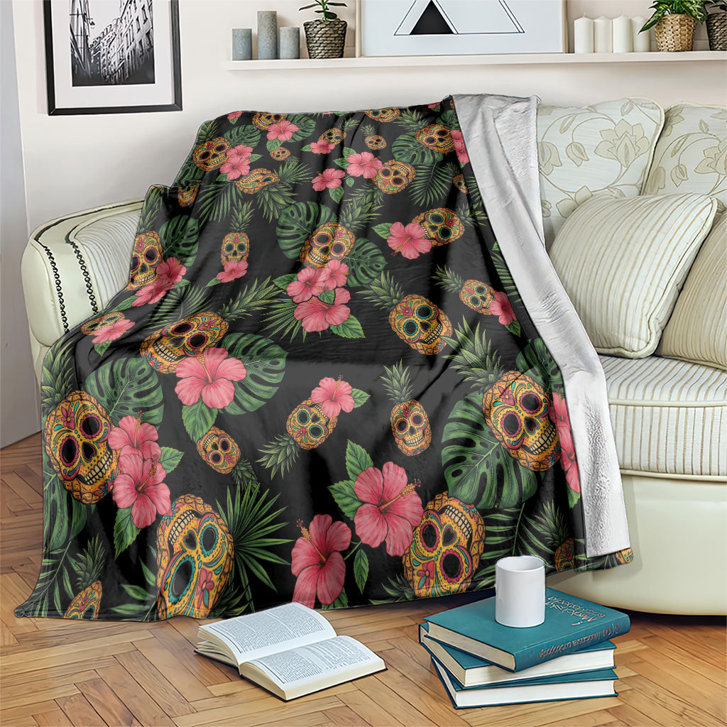 Tropical Calavera Hawaiian Blanket Sugar Skull Pineapple Hibiscus Floral