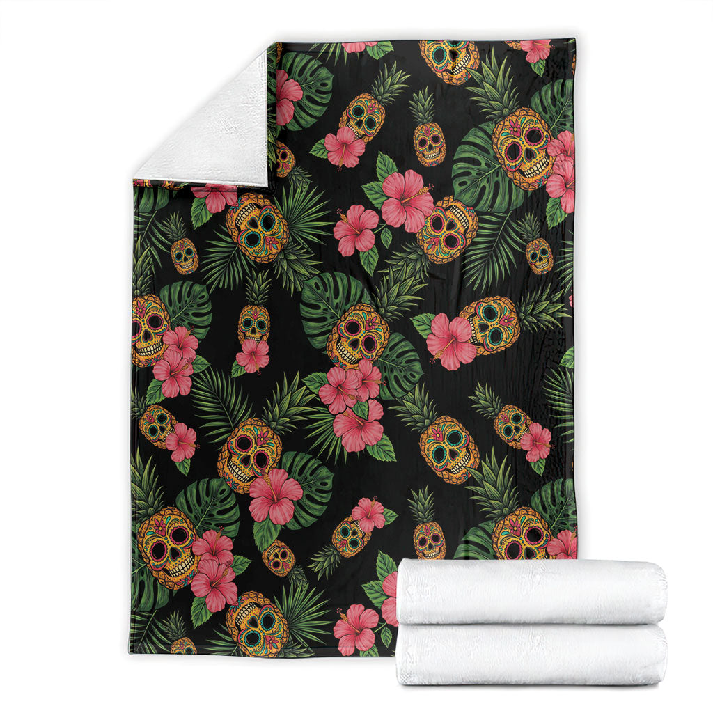 Tropical Calavera Hawaiian Blanket Sugar Skull Pineapple Hibiscus Floral DT05 - Polynesian Pride
