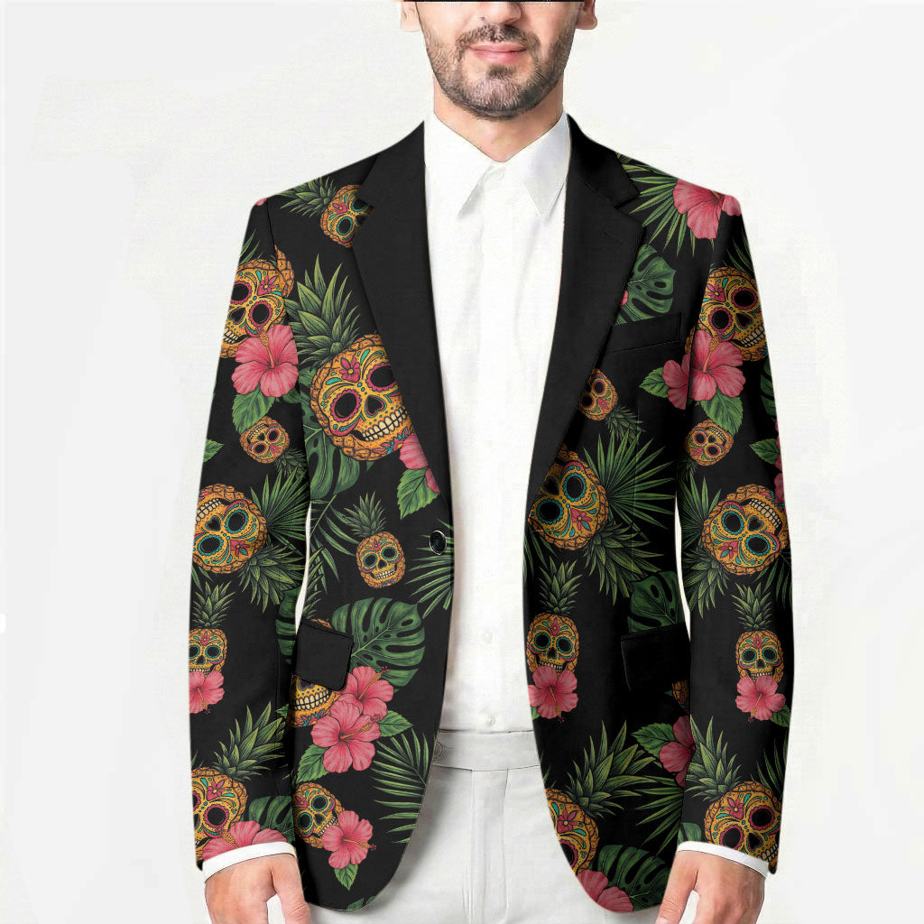 Tropical Calavera Hawaiian Blazer Sugar Skull Pineapple Hibiscus Floral DT05 - Polynesian Pride